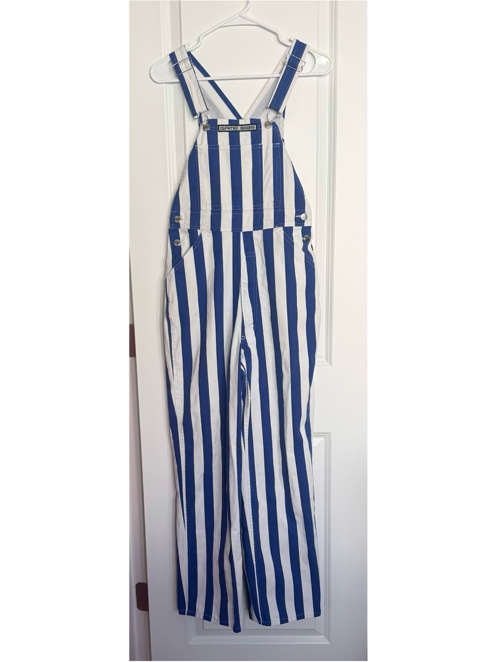Game Bibs Blue and White Striped Game Day Overalls XS